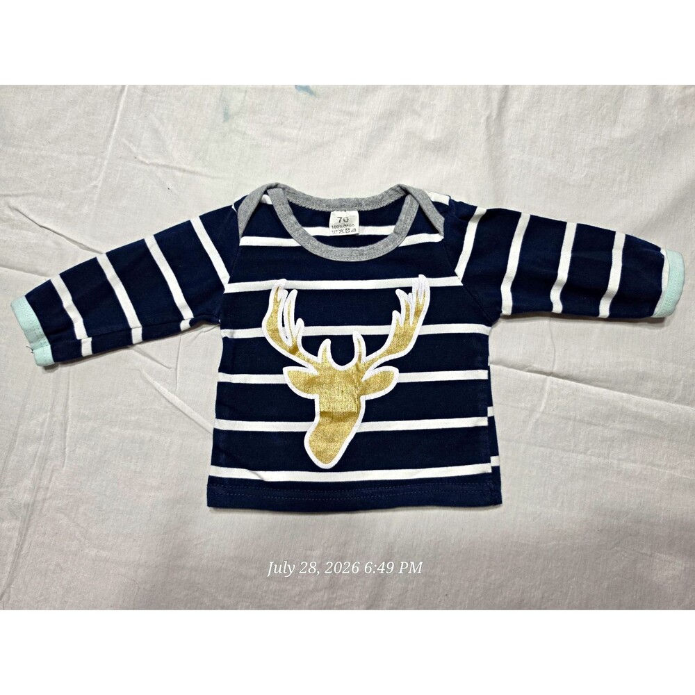 Vogue Fashion Baby Unisex Navy/White Striped Deer Pullover Shirt 0-3 Months